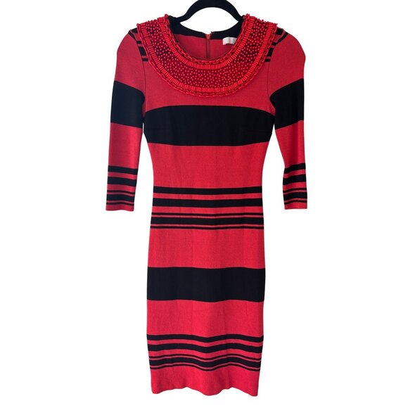 Tracy Reese Red Black Striped Runway Knit Dress With Beaded Neckline Detailed - Picture 2 of 15